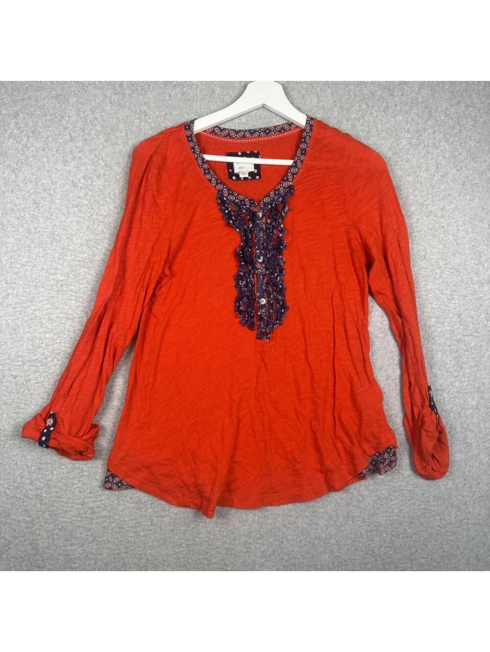 Anthropologie Postcard Card Red Long Sleeve T Shirt Contrast Ruffles Size Medium